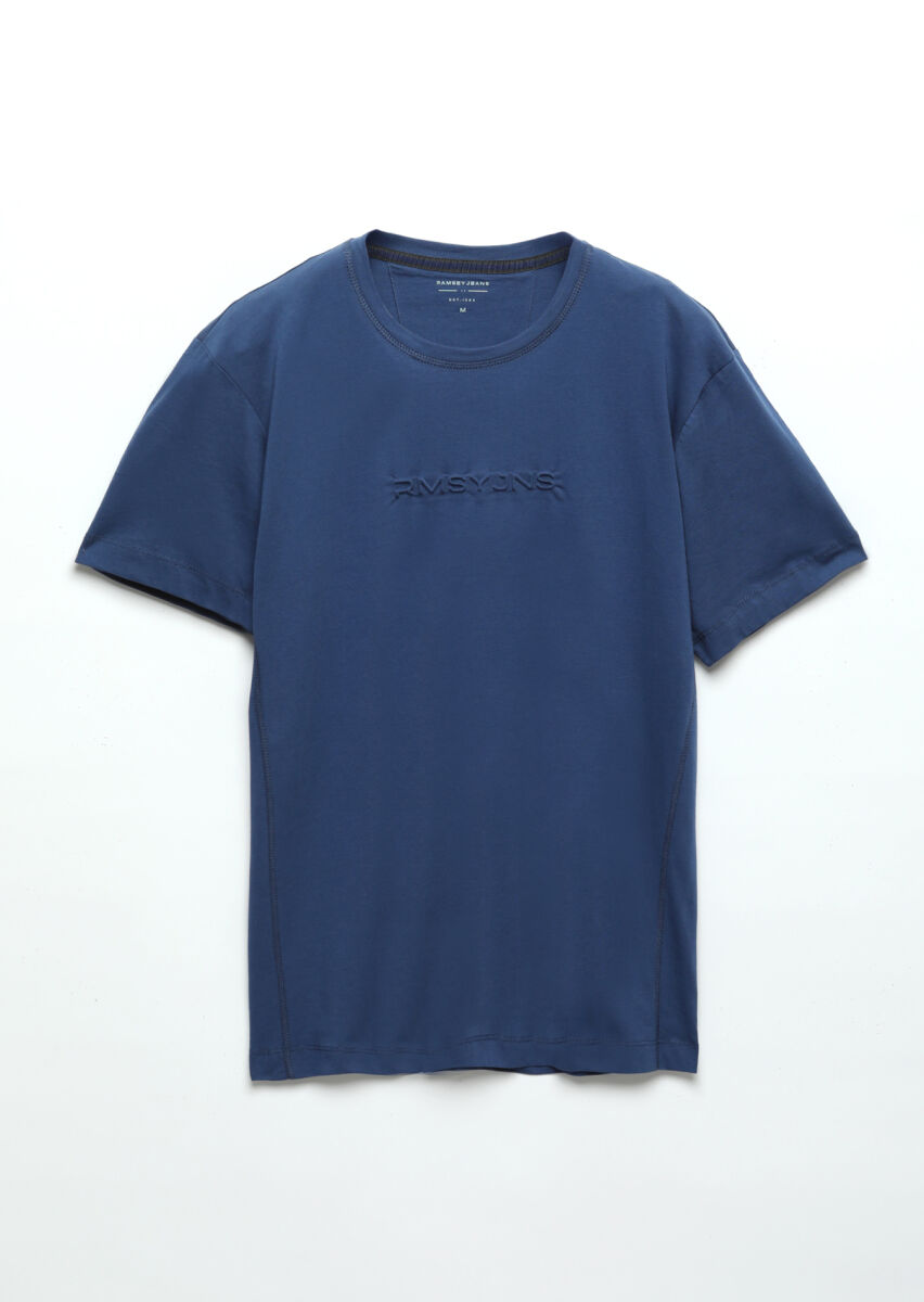 Saks Baskılı Bisiklet Yaka %100 Pamuk T-Shirt - 5