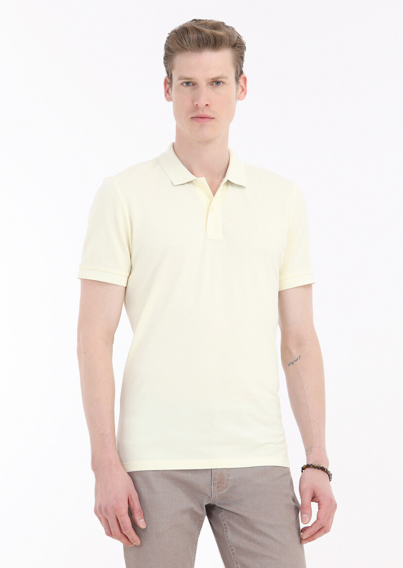 Sarı Baskılı Polo Yaka %100 Pamuk T-Shirt 