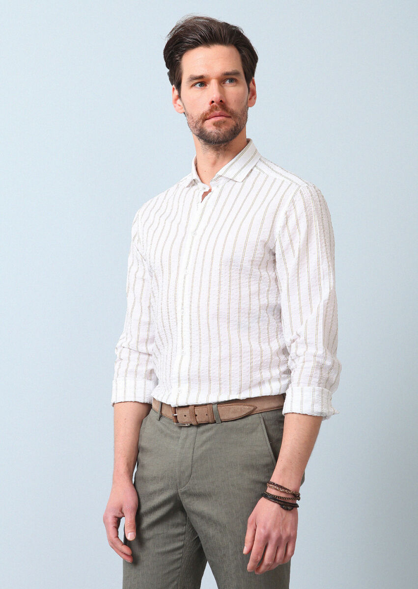 Sarı Baskılı Slim Fit Dokuma Casual %100 Pamuk Gömlek - 5