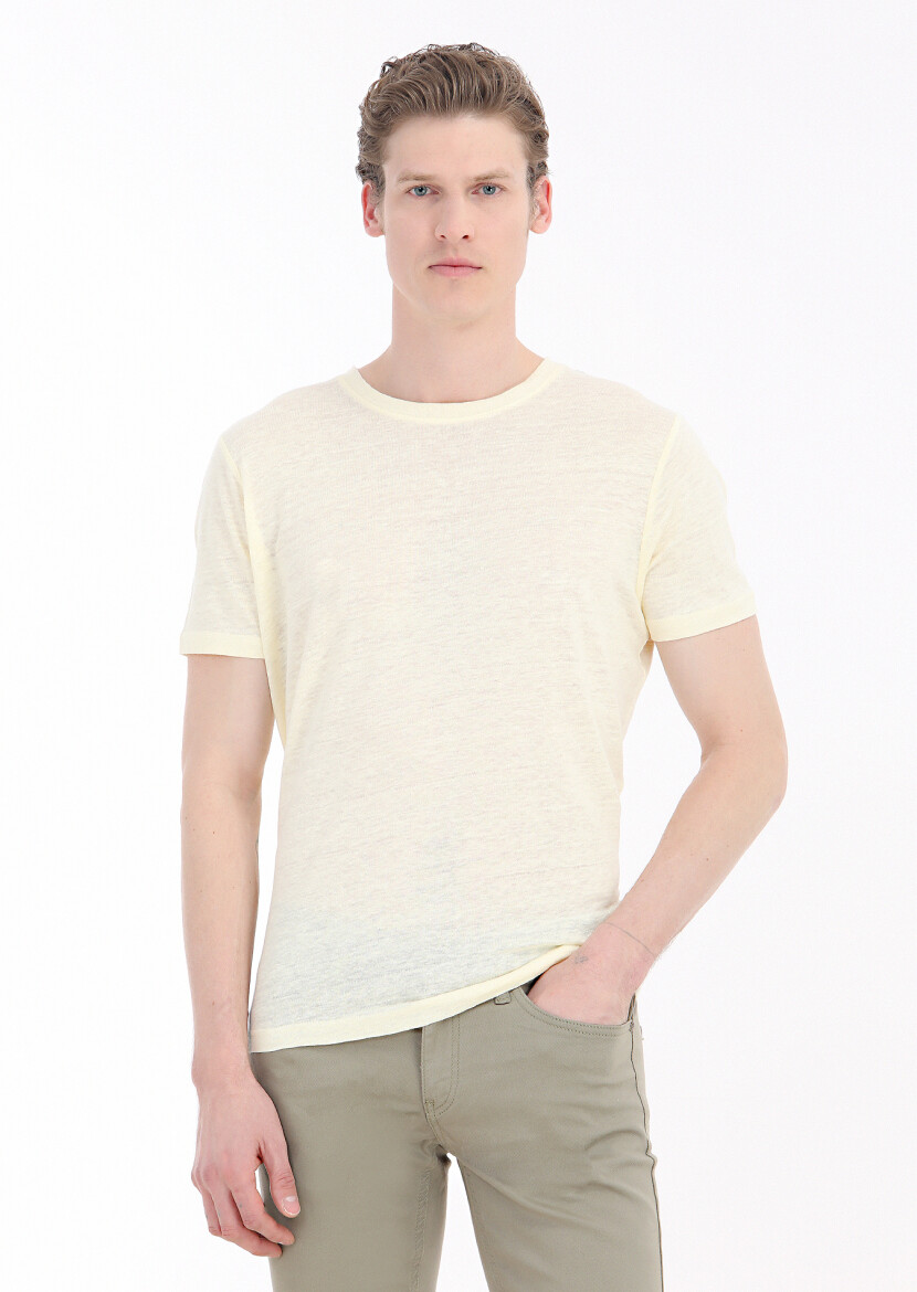 Sarı Düz Bisiklet Yaka %100 Keten T-Shirt 