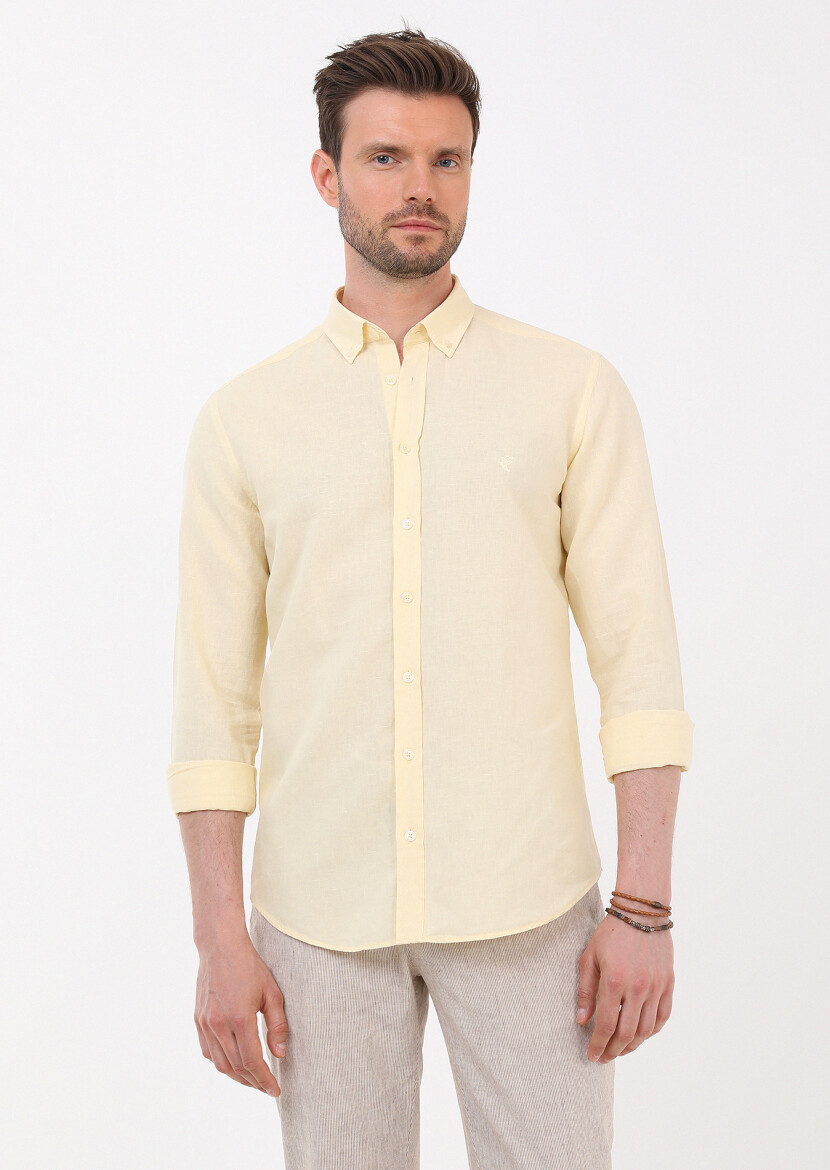 Sarı Düz Regular Fit Dokuma Casual Pamuk Karışımlı Gömlek - 3