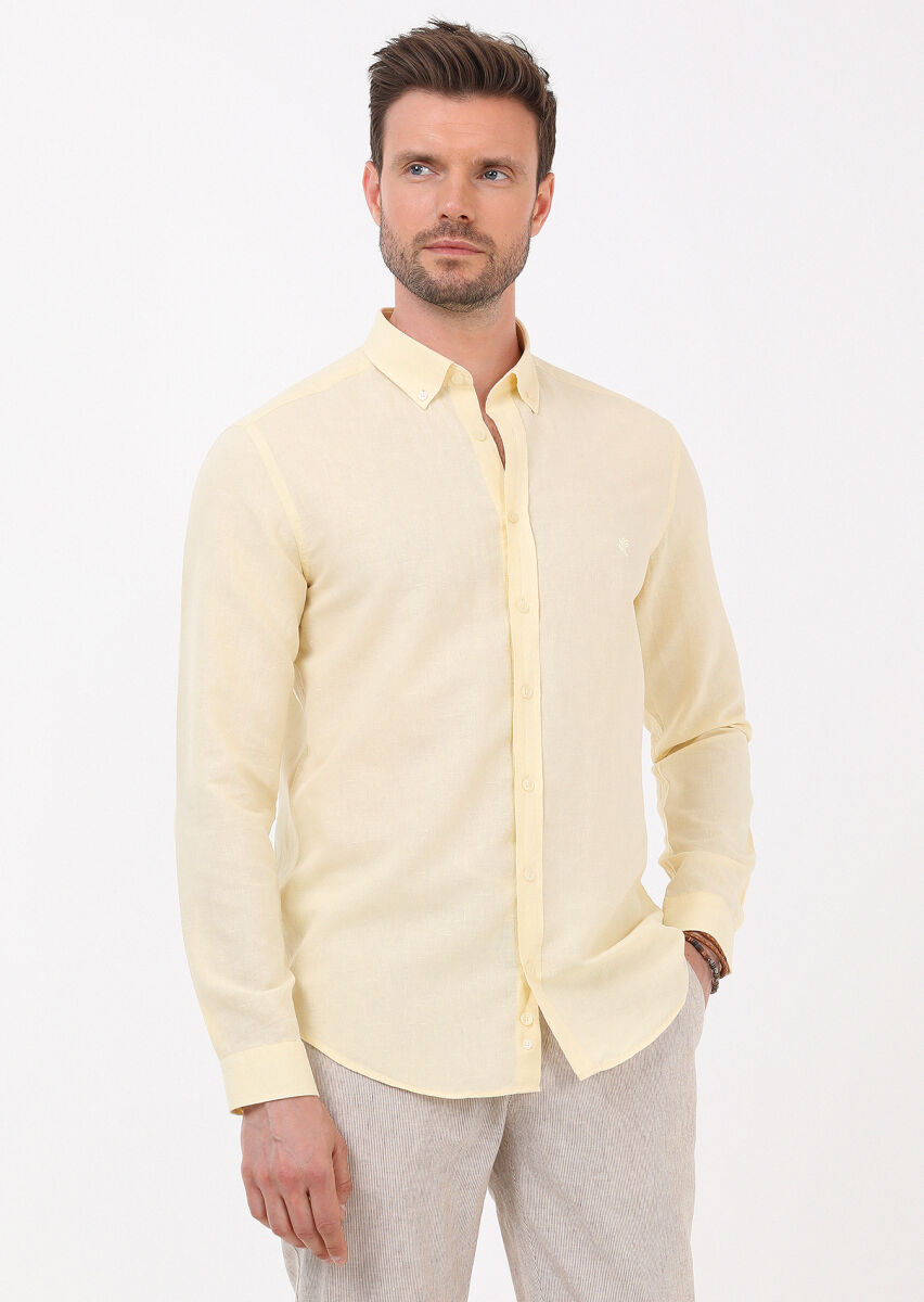 Sarı Düz Regular Fit Dokuma Casual Pamuk Karışımlı Gömlek - 4