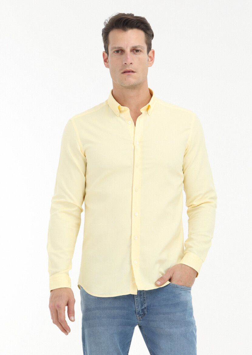 Sarı Düz Slim Fit Dokuma Casual %100 Pamuk Gömlek 