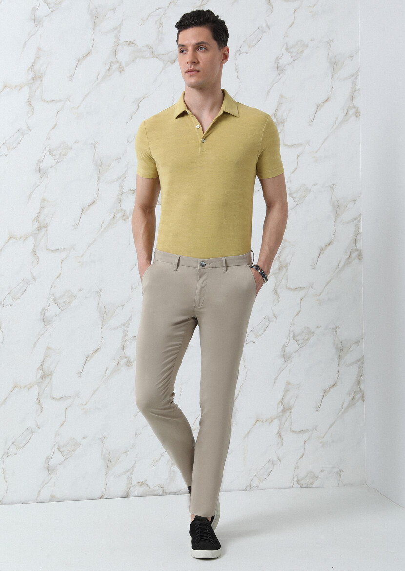 Sarı Jakarlı Polo Yaka %100 Pamuk T-Shirt - 2