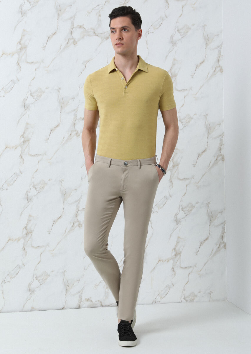 Sarı Jakarlı Polo Yaka %100 Pamuk T-Shirt - 2