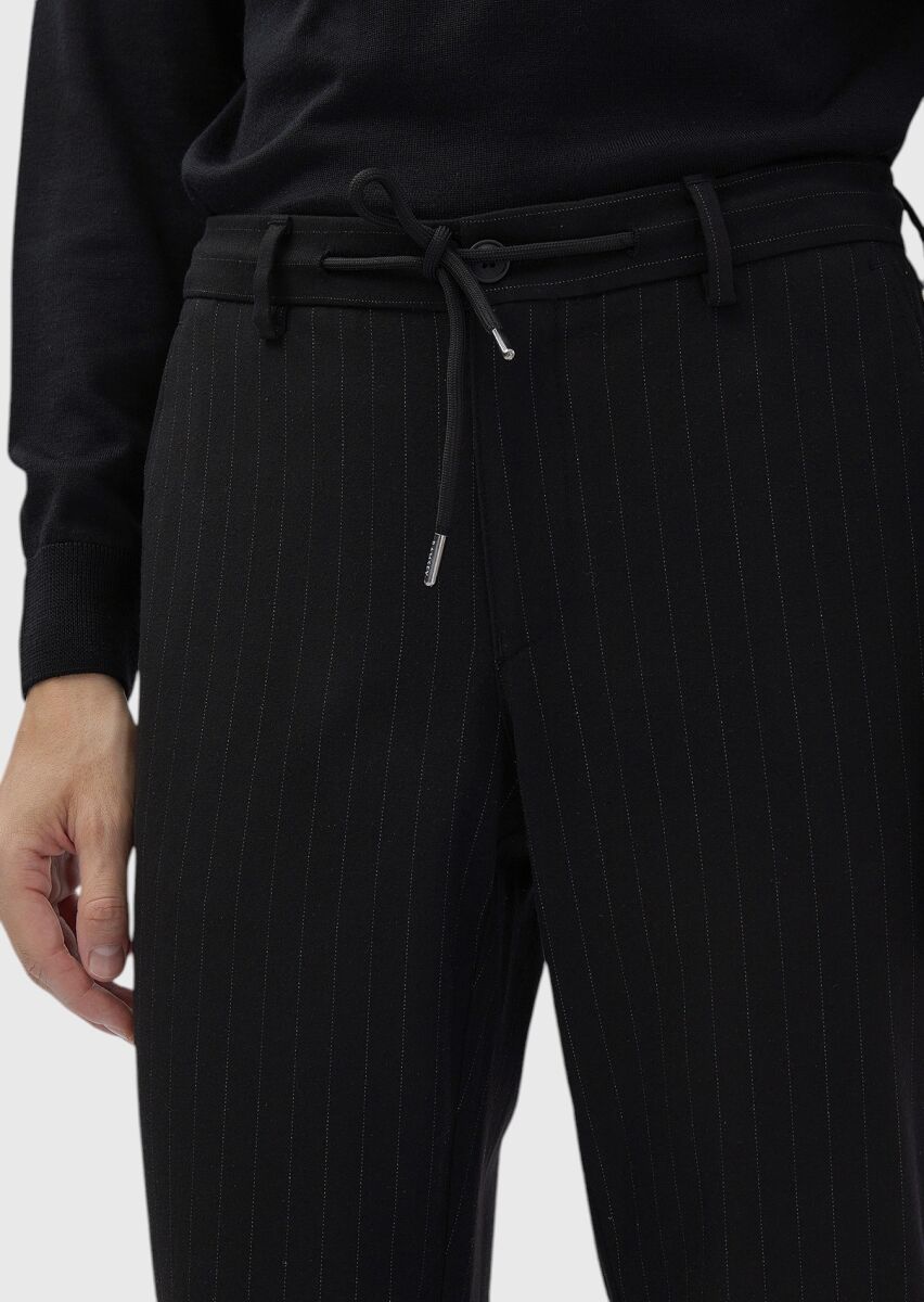 Siyah Çizgili Dokuma Jogging Fit Casual %100 Pamuk Pantolon - 3