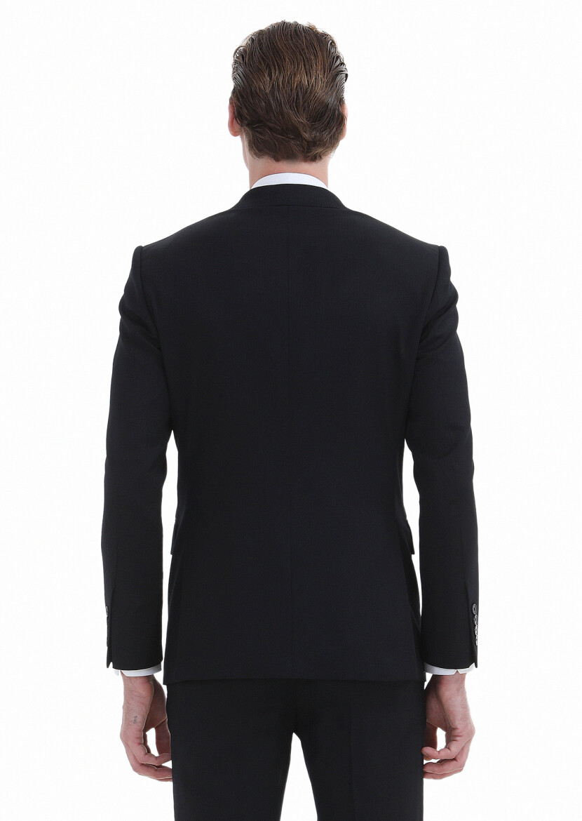 Siyah Çizgili Modern Fit Yün Karışımlı Takım Elbise - 6