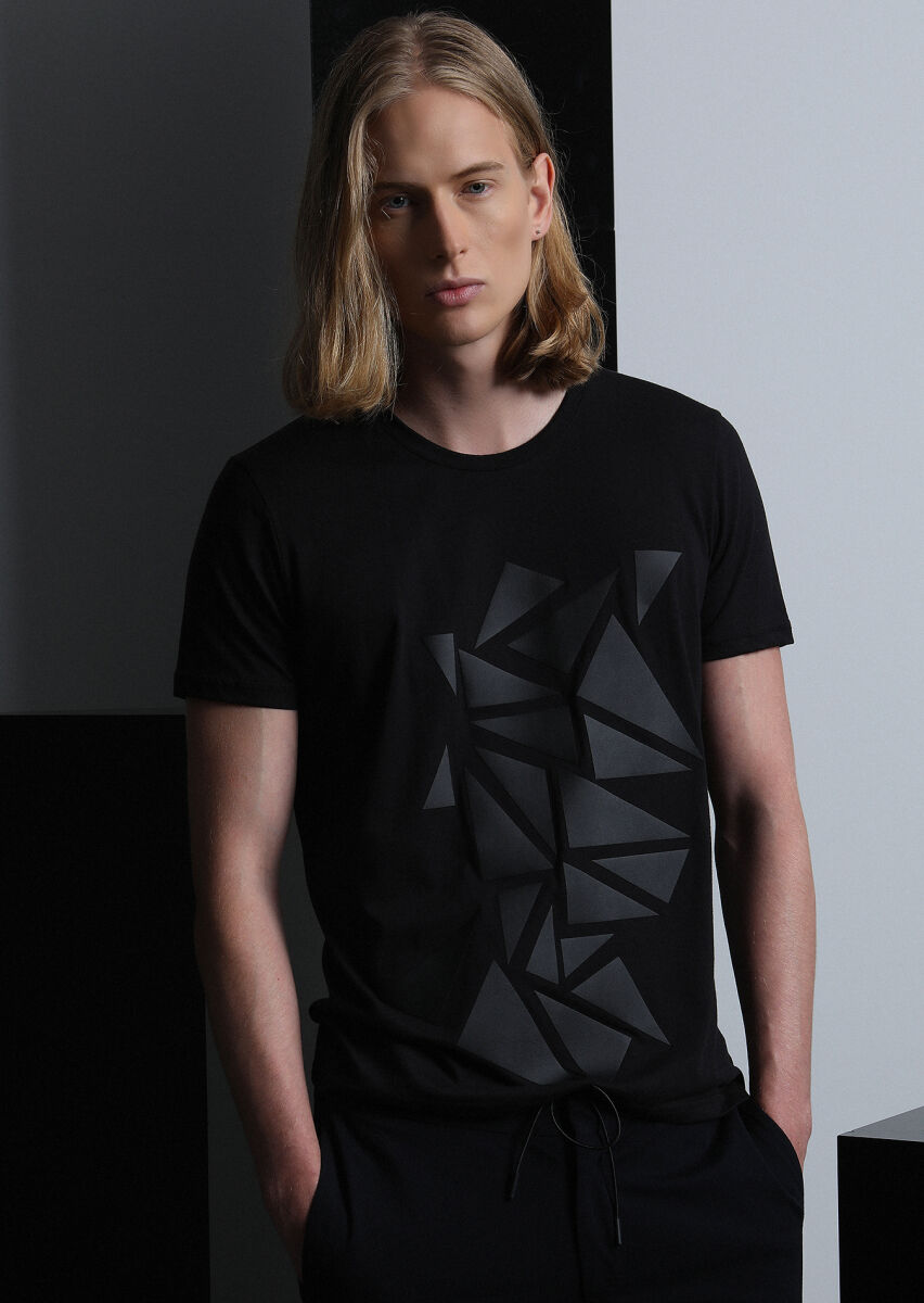 Siyah Desenli %100 Pamuk T-Shirt - 1