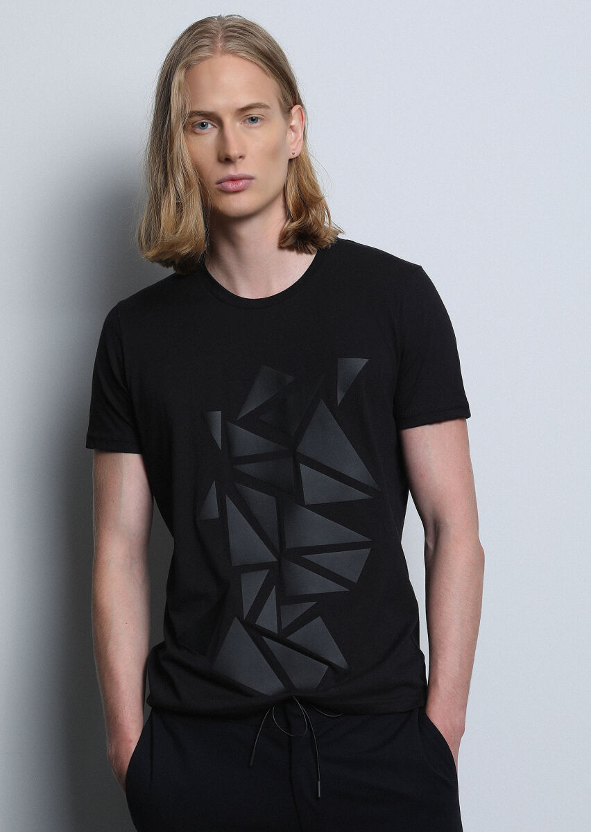 Siyah Desenli %100 Pamuk T-Shirt - 2