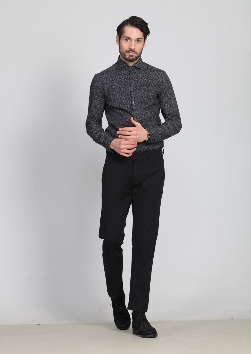 Siyah Desenli Dokuma Regular Fit Casual Pamuk Karışımlı Pantolon 