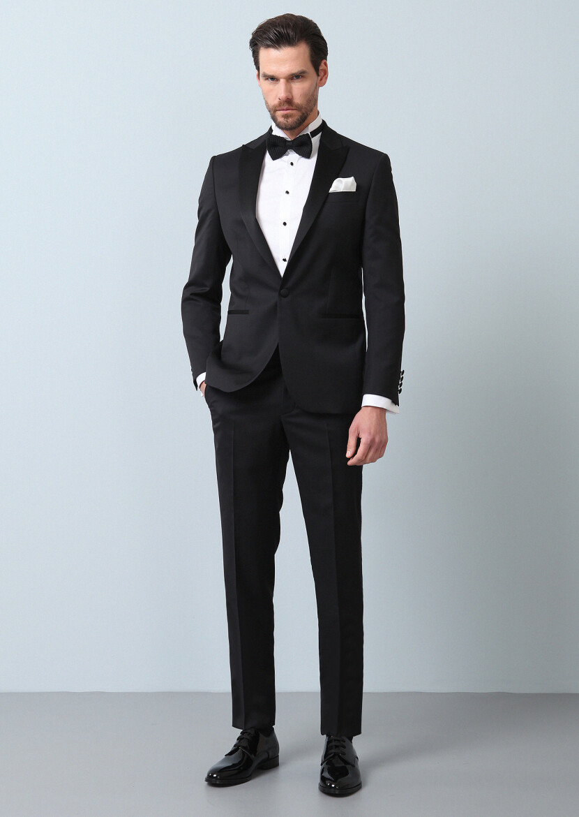 Siyah Desenli Modern Fit Kruvaze Yaka Dokuma Smokin Takım Elbise - 5