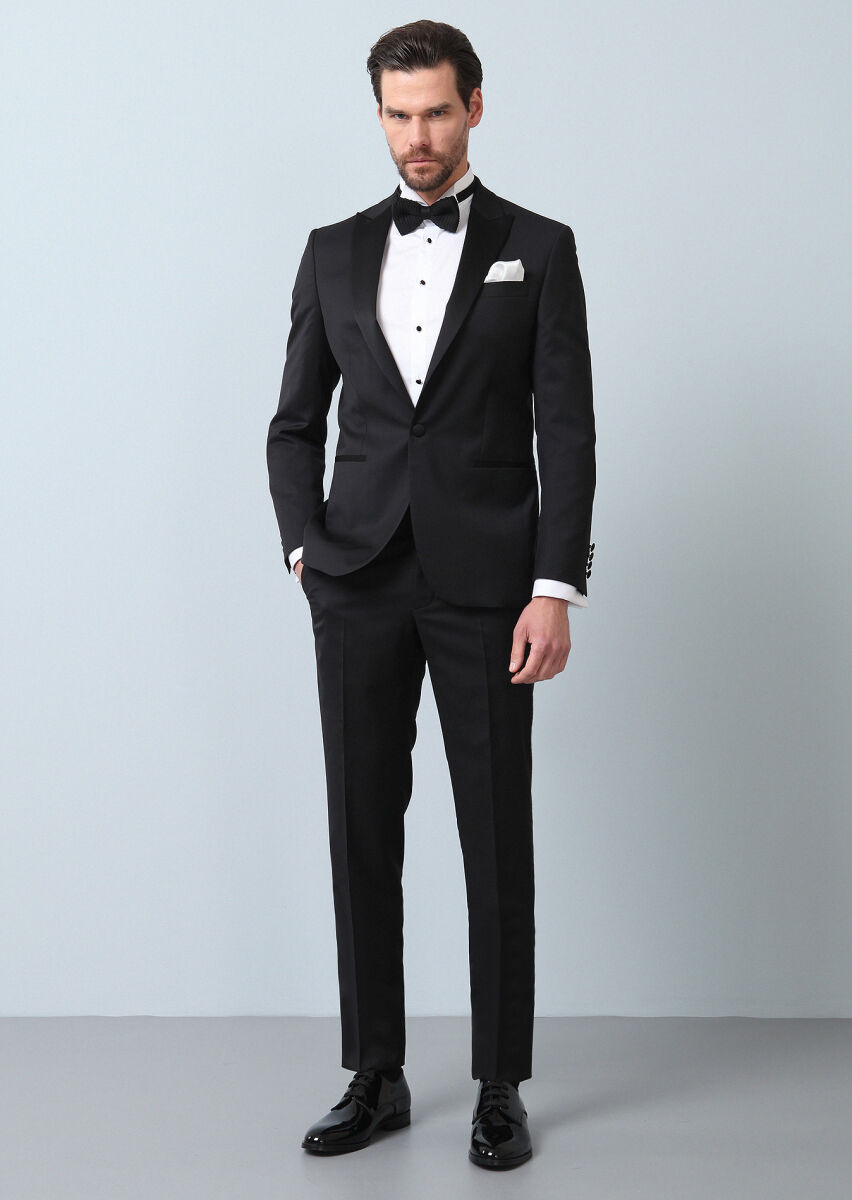 Siyah Desenli Modern Fit Kruvaze Yaka Dokuma Smokin Takım Elbise - 5