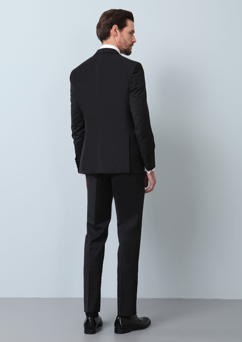 Siyah Desenli Modern Fit Kruvaze Yaka Dokuma Smokin Takım Elbise - 6