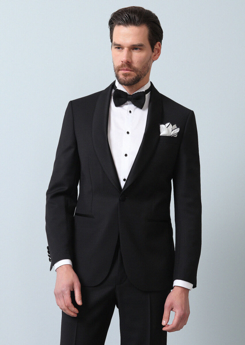 Siyah Desenli Modern Fit Şal Yaka Dokuma Smokin Takım Elbise - 5