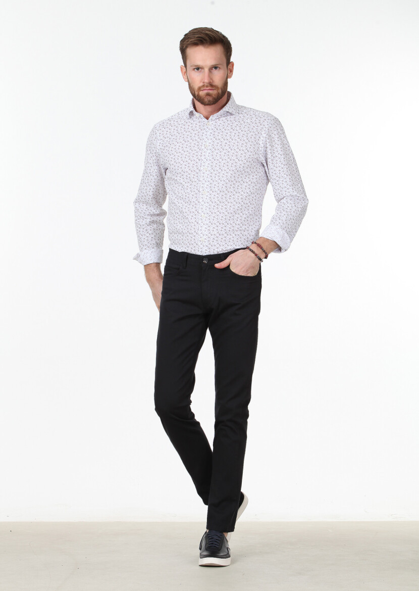 Siyah Dokuma Slim Fit Casual Pamuk Karışımlı Pantolon - 2