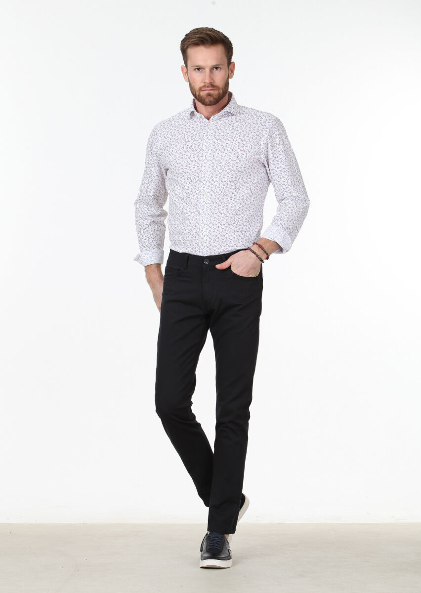 Siyah Dokuma Slim Fit Casual Pamuk Karışımlı Pantolon - 2