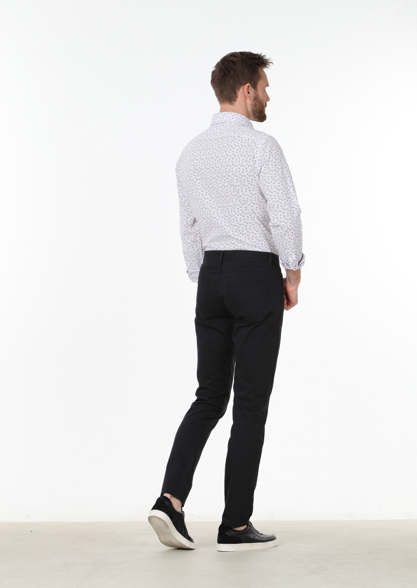 Siyah Dokuma Slim Fit Casual Pamuk Karışımlı Pantolon - 4