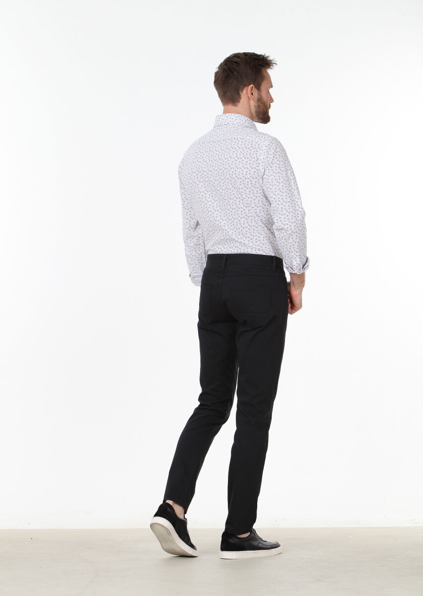 Siyah Dokuma Slim Fit Casual Pamuk Karışımlı Pantolon - 4