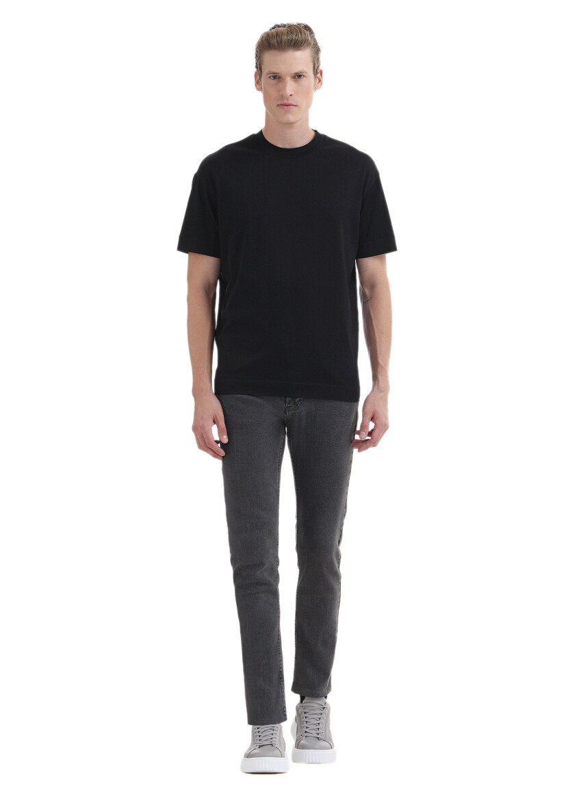 Siyah Düz Bisiklet Yaka %100 Pamuk T-Shirt 