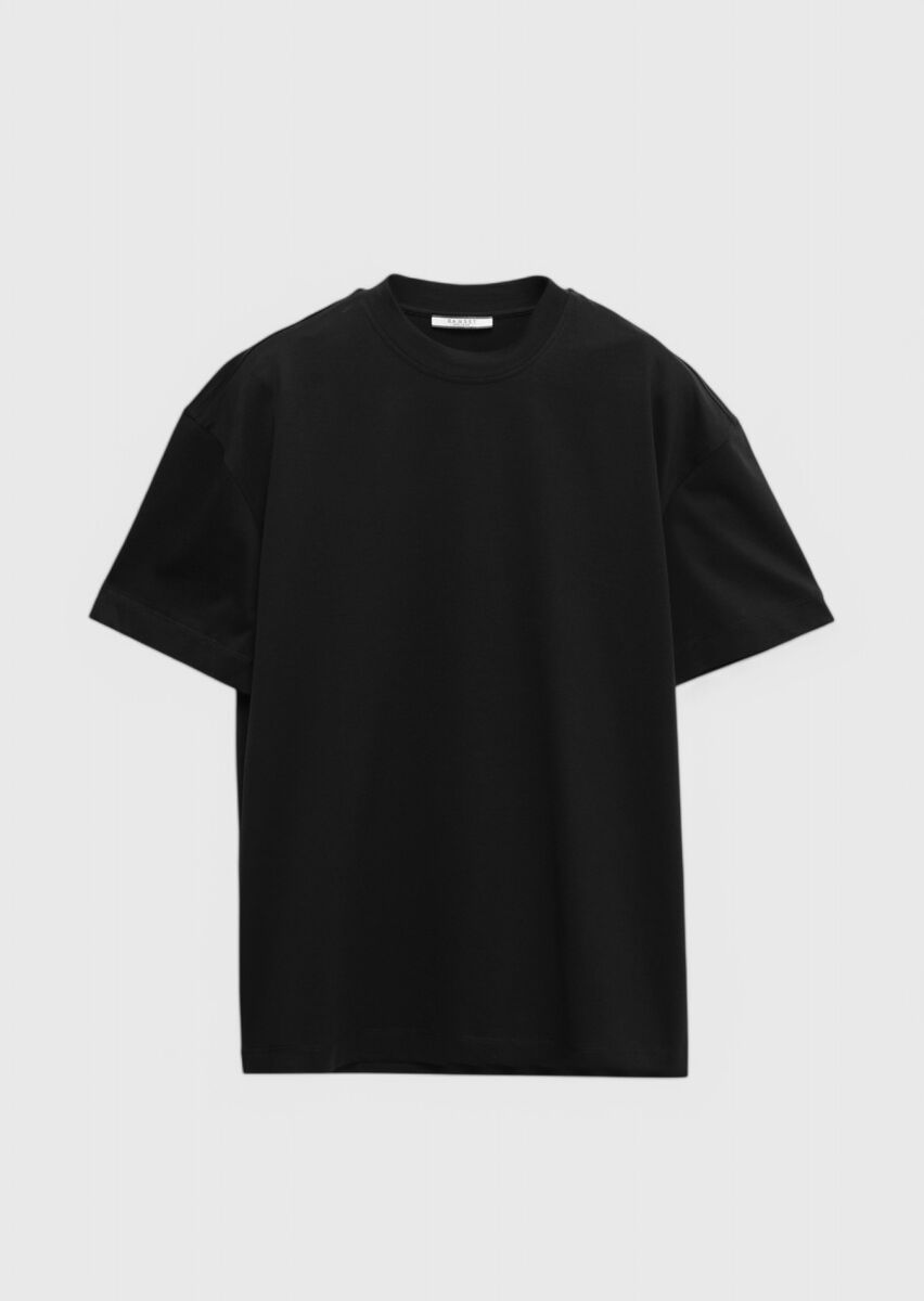 Siyah Düz Bisiklet Yaka %100 Pamuk T-Shirt - 7