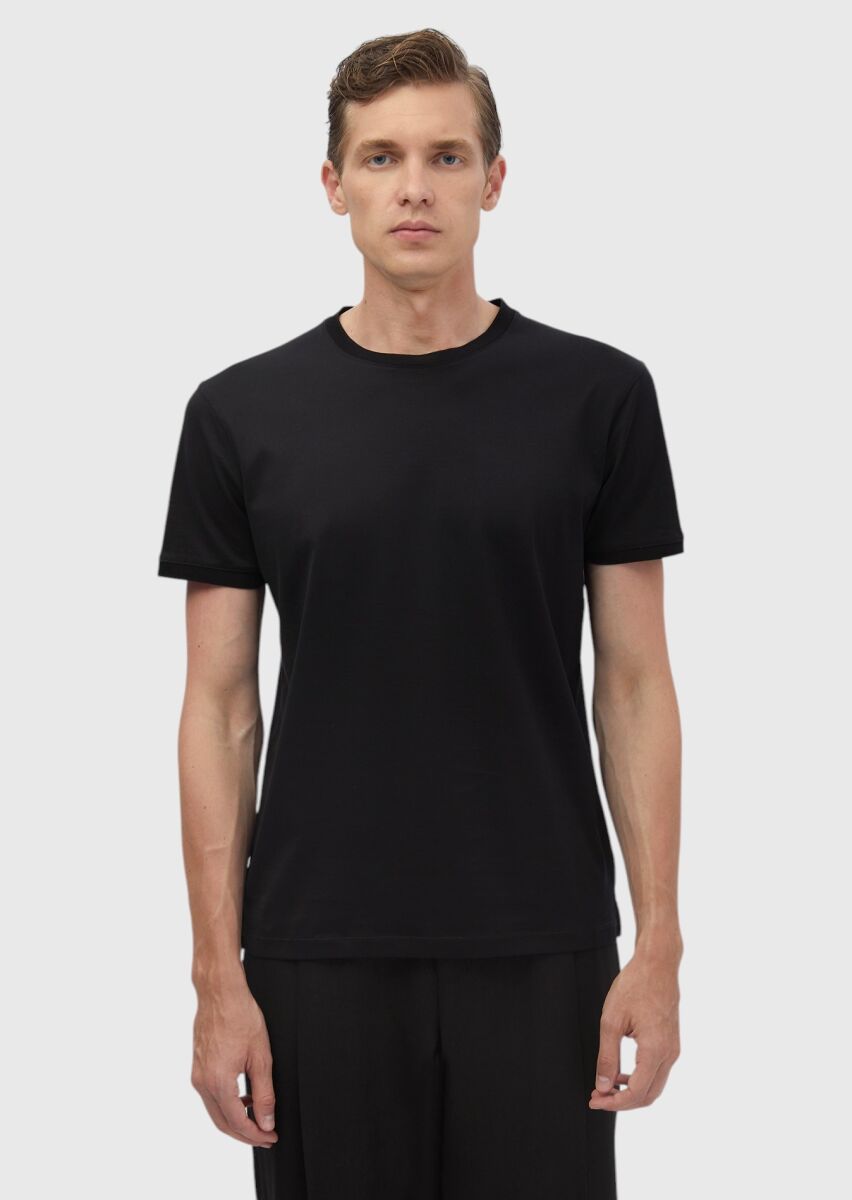 Siyah Düz Bisiklet Yaka %100 Pamuk T-Shirt - 1