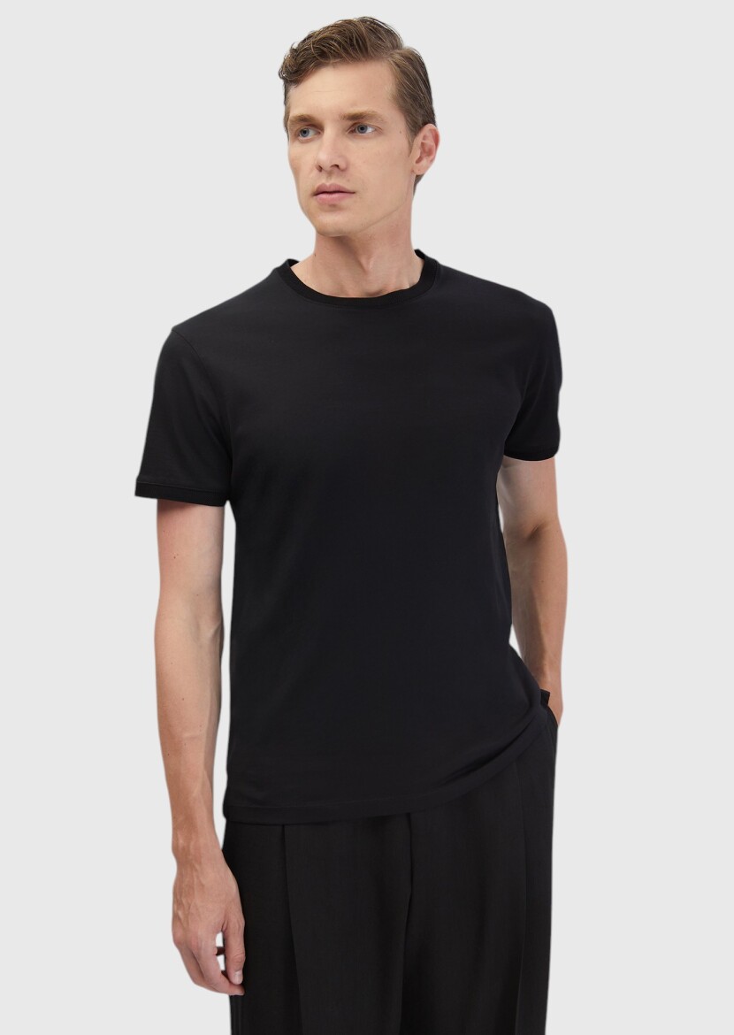 Siyah Düz Bisiklet Yaka %100 Pamuk T-Shirt 