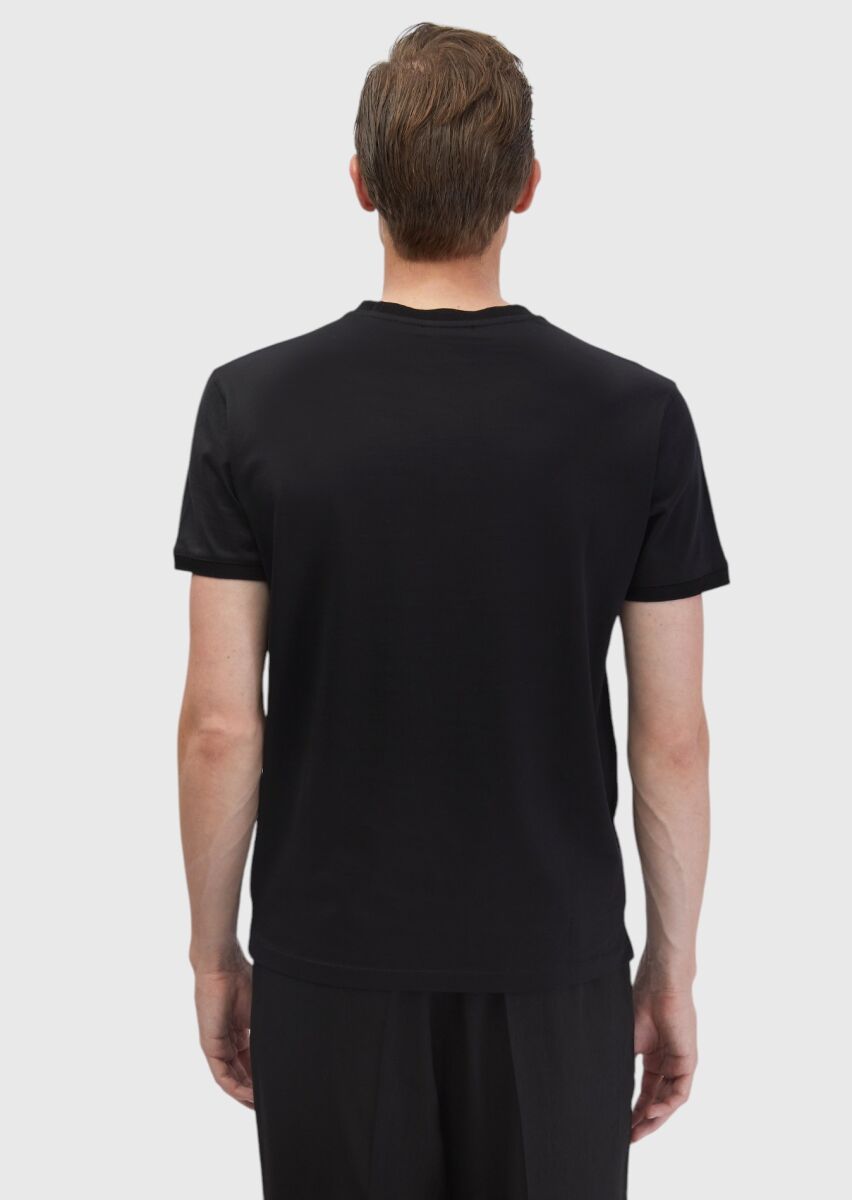 Siyah Düz Bisiklet Yaka %100 Pamuk T-Shirt - 5