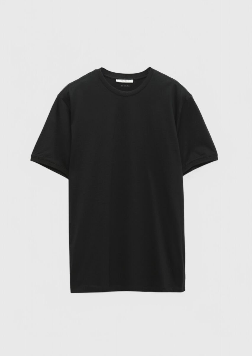 Siyah Düz Bisiklet Yaka %100 Pamuk T-Shirt - 6