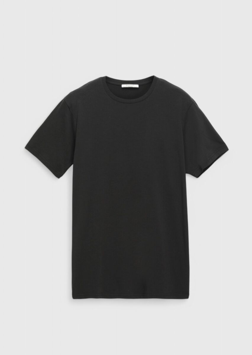 Siyah Düz Bisiklet Yaka Pamuk Karışımlı T-Shirt - 6