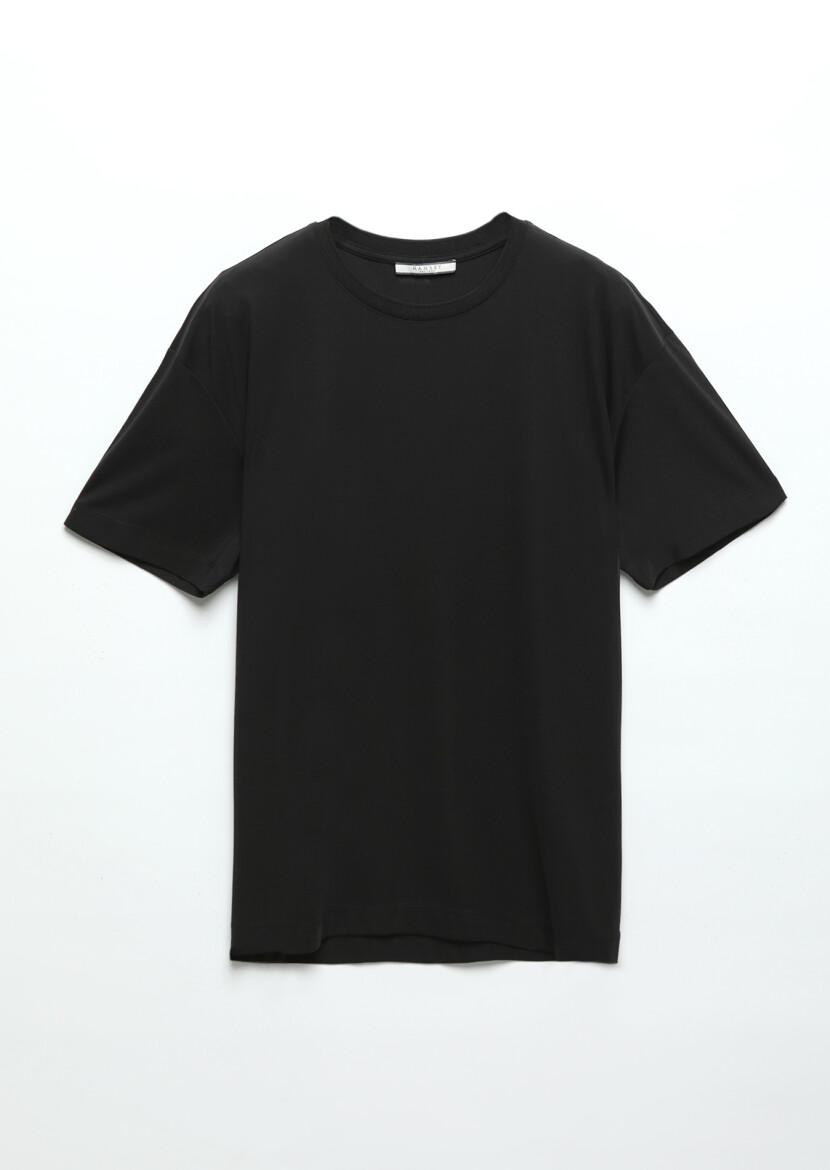 Siyah Düz Bisiklet Yaka T-Shirt - 6