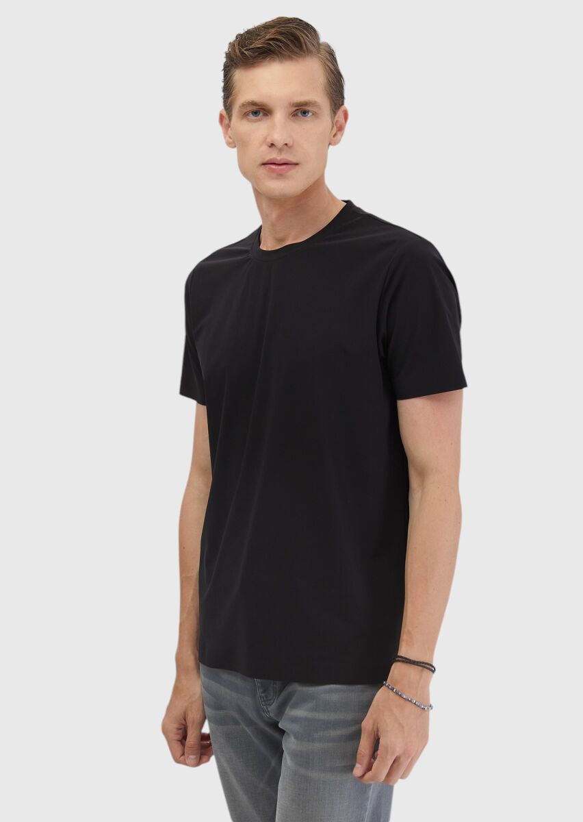 Siyah Düz Bisiklet Yaka T-Shirt - 1