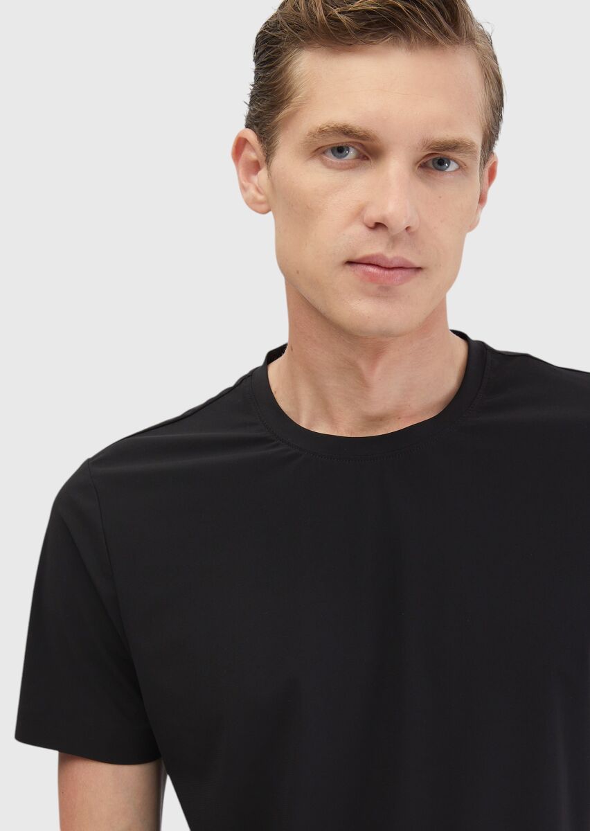 Siyah Düz Bisiklet Yaka T-Shirt - 4