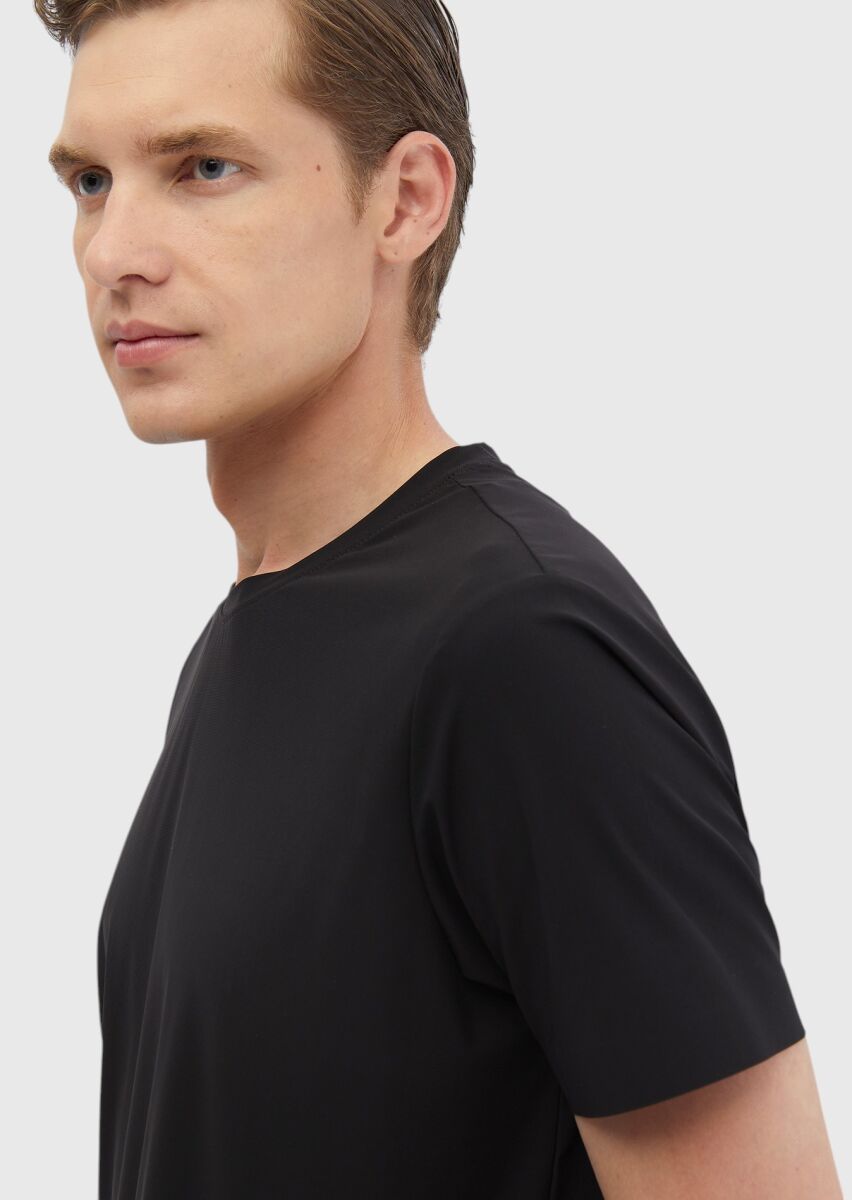 Siyah Düz Bisiklet Yaka T-Shirt - 5