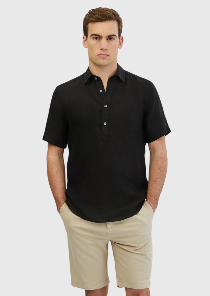 Siyah Düz Casual Fit Dokuma Casual %100 Keten Gömlek - 1