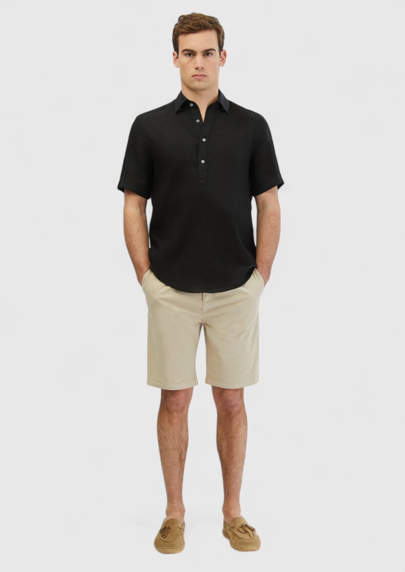 Siyah Düz Casual Fit Dokuma Casual %100 Keten Gömlek 