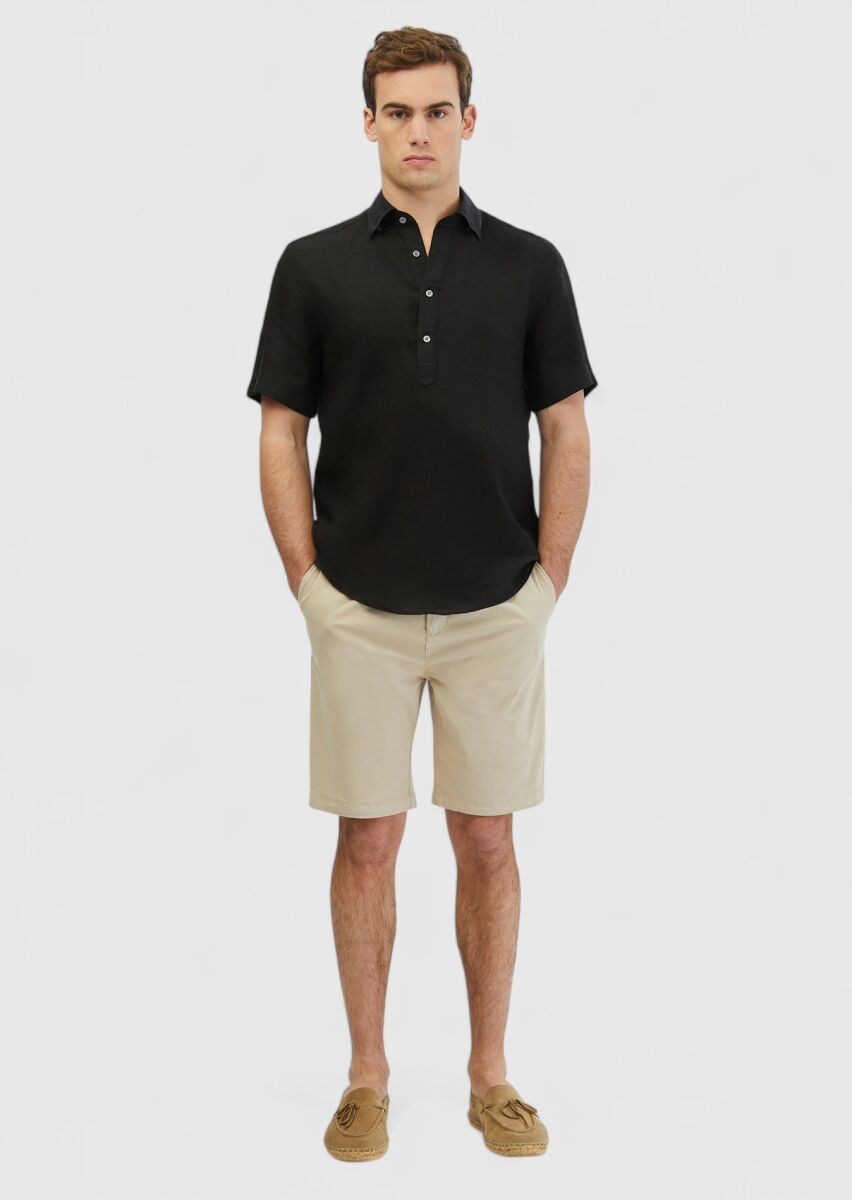 Siyah Düz Casual Fit Dokuma Casual %100 Keten Gömlek - 2