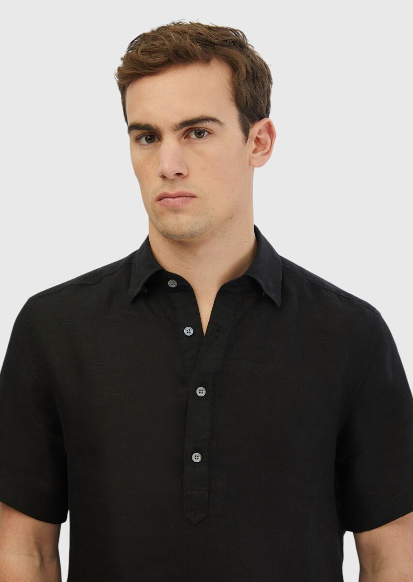 Siyah Düz Casual Fit Dokuma Casual %100 Keten Gömlek - 3