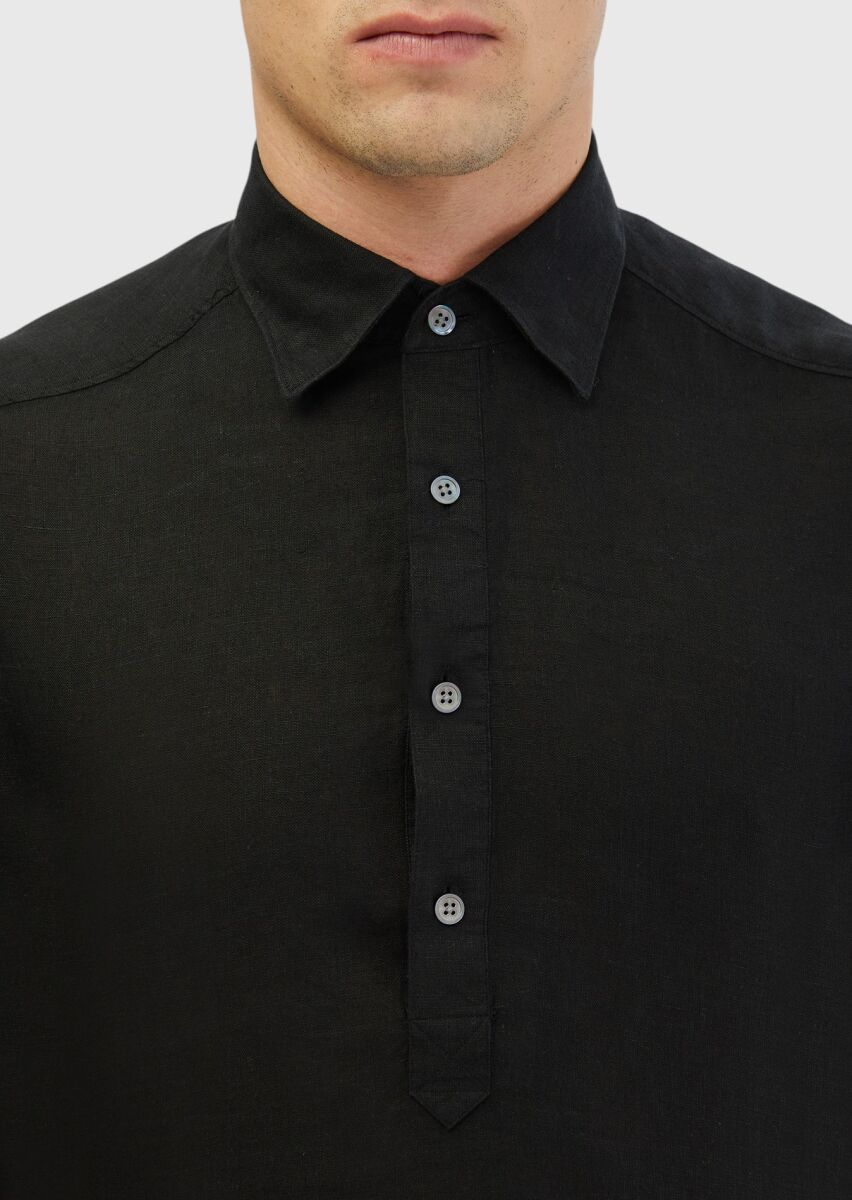 Siyah Düz Casual Fit Dokuma Casual %100 Keten Gömlek - 4