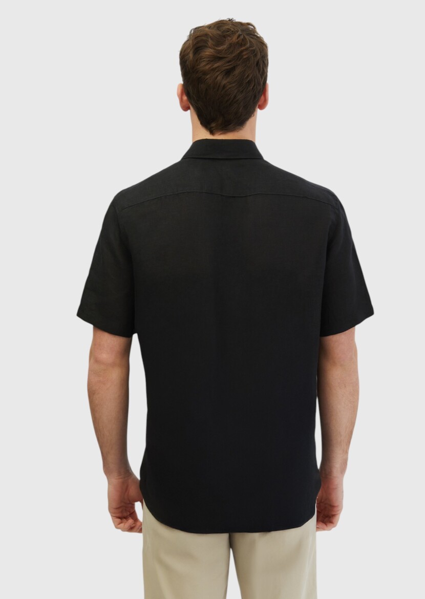 Siyah Düz Casual Fit Dokuma Casual %100 Keten Gömlek - 5