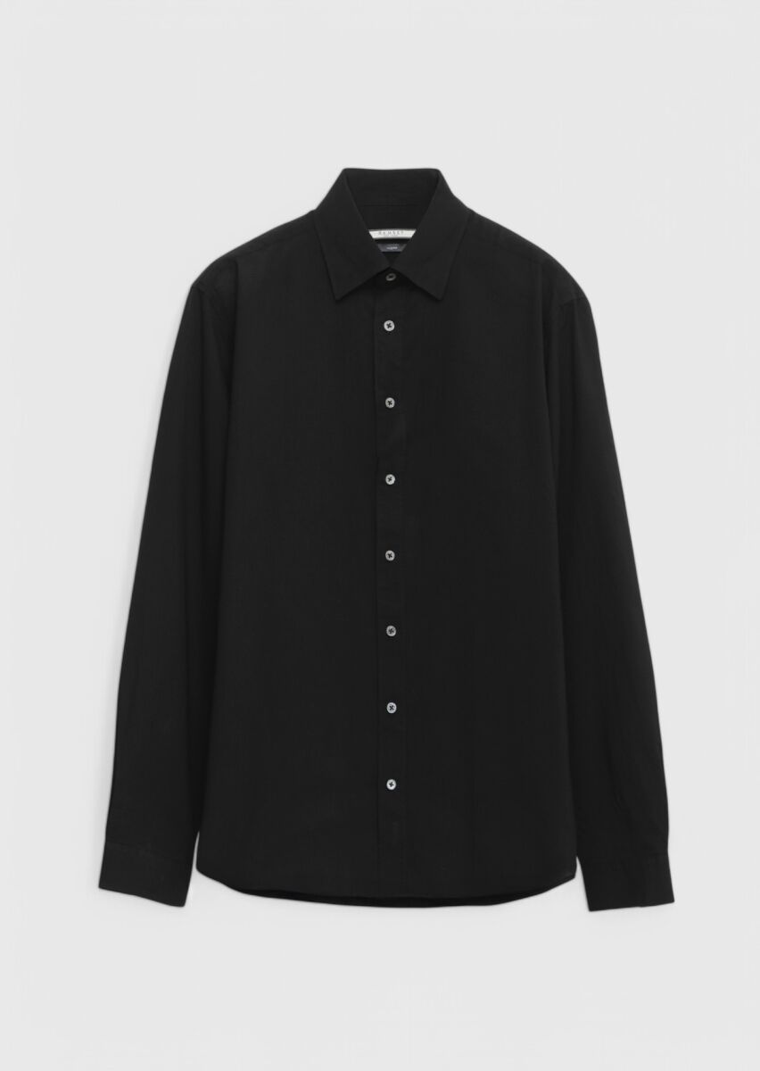 Siyah Düz Casual Fit Dokuma Casual %100 Pamuk Gömlek - 1
