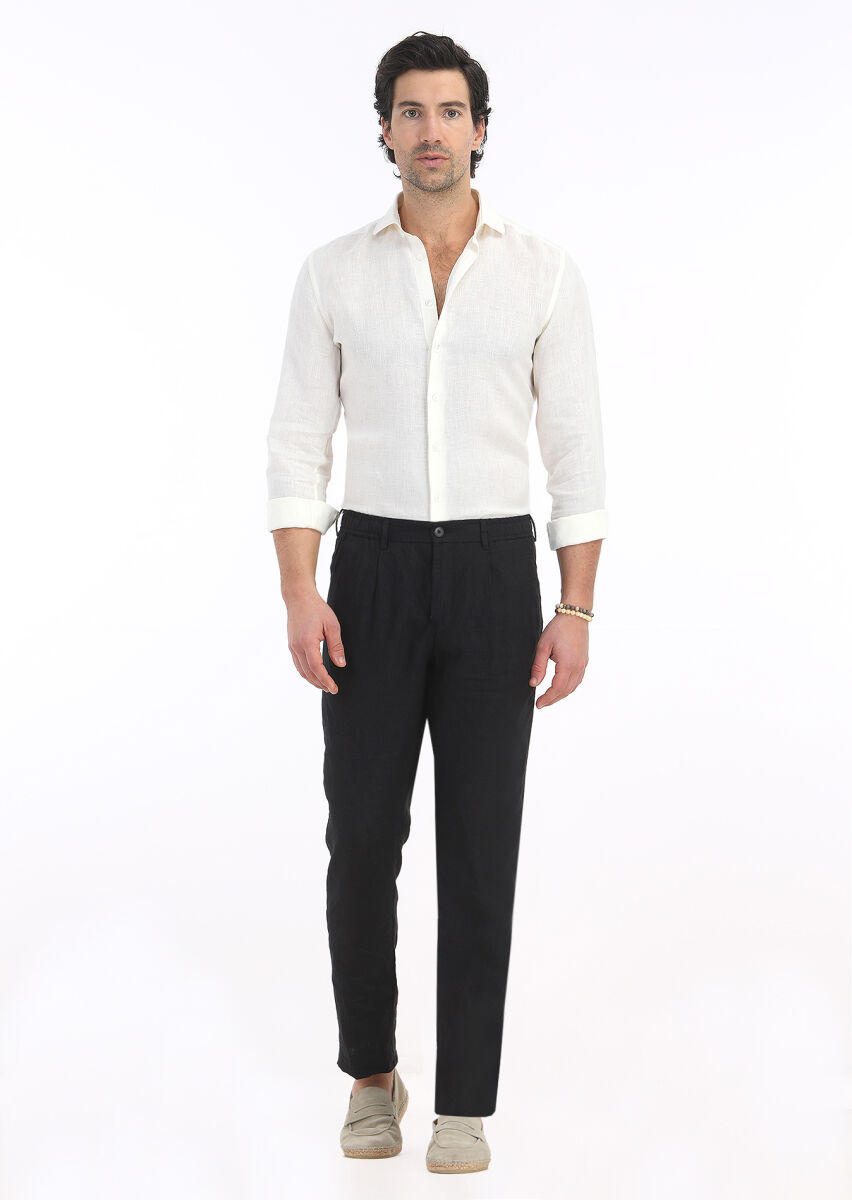 Siyah Düz Dokuma Jogging Fit Casual %100 Keten Pantolon - 1