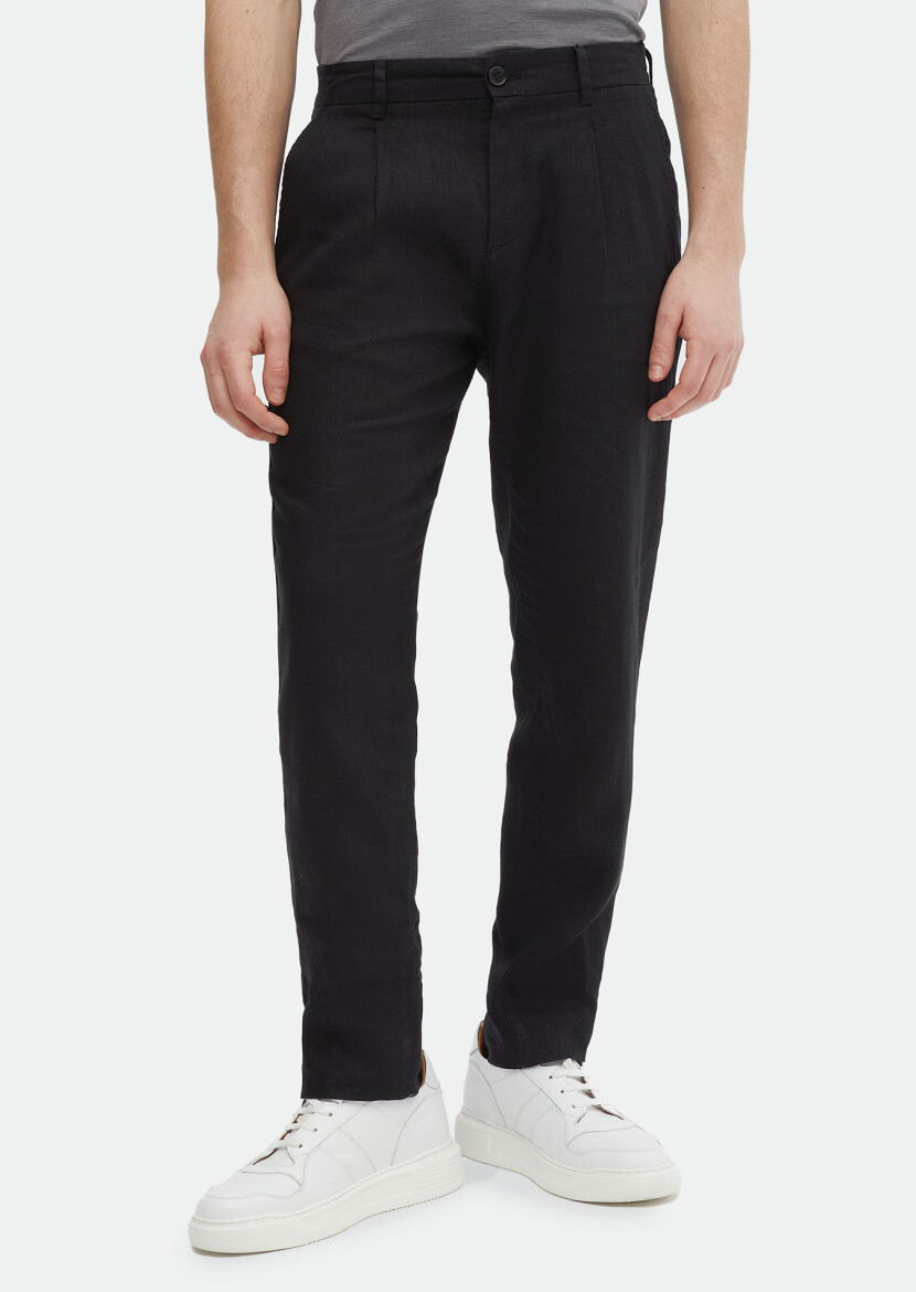 Siyah Düz Dokuma Jogging Fit Casual %100 Keten Pantolon 