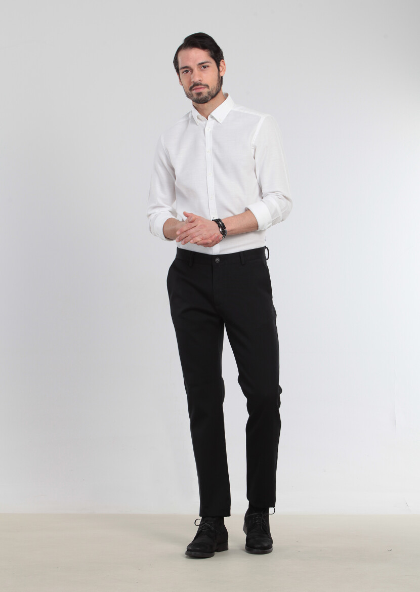 Siyah Düz Dokuma Regular Fit Casual %100 Pamuk Pantolon 