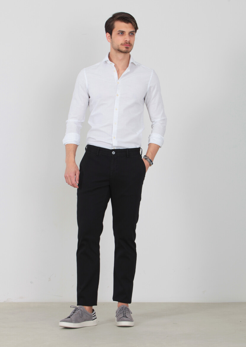 Siyah Düz Dokuma Regular Fit Casual Pamuk Karışımlı Pantolon 