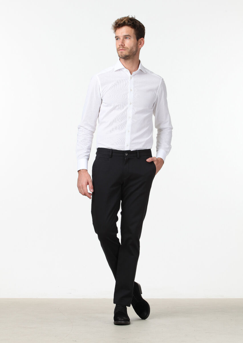 Siyah Düz Dokuma Regular Fit Casual Pamuk Karışımlı Pantolon - 2
