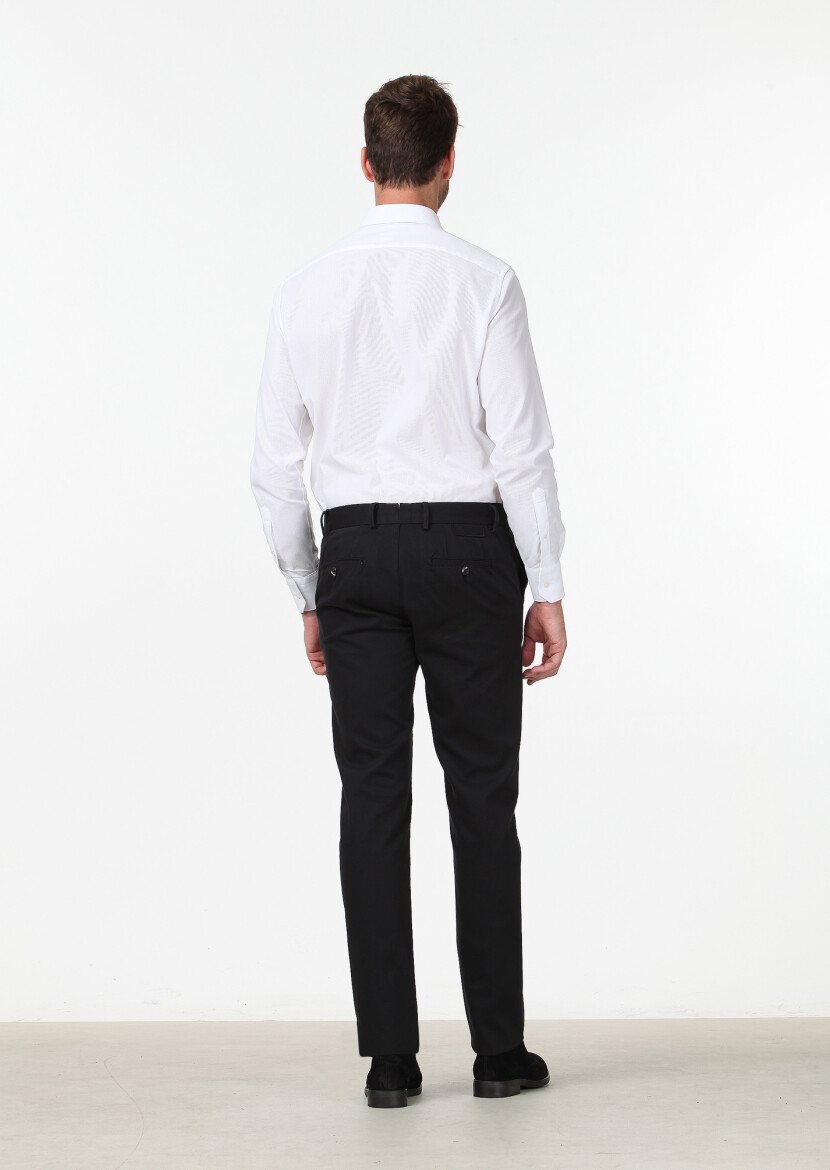 Siyah Düz Dokuma Regular Fit Casual Pamuk Karışımlı Pantolon - 4