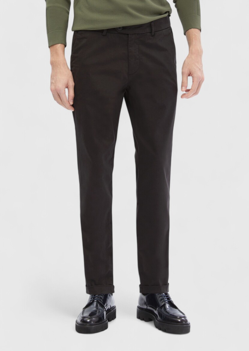 Siyah Düz Dokuma Regular Fit Casual Pamuk Karışımlı Pantolon 
