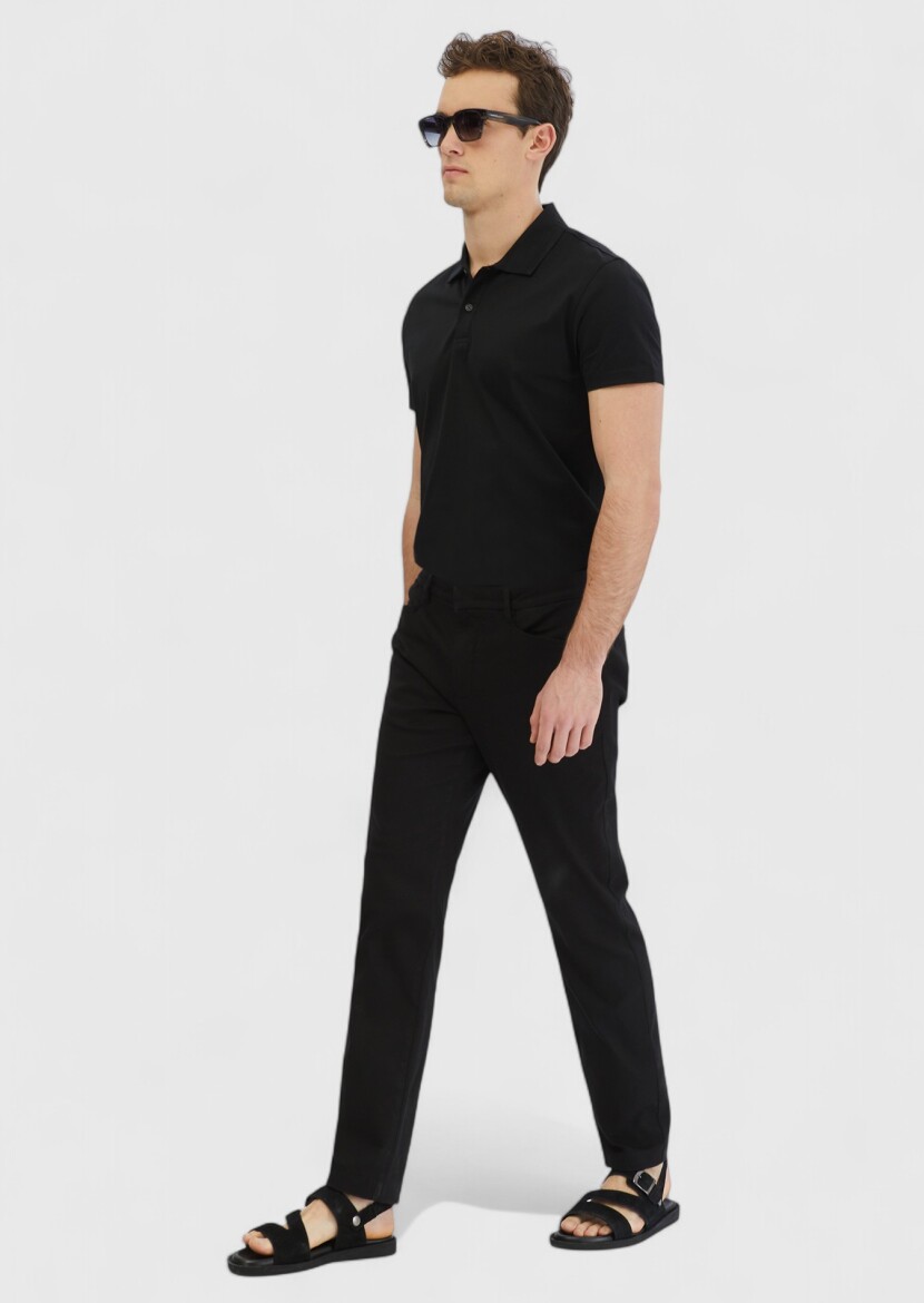 Siyah Düz Dokuma Regular Fit Casual Pamuk Karışımlı Pantolon - 2