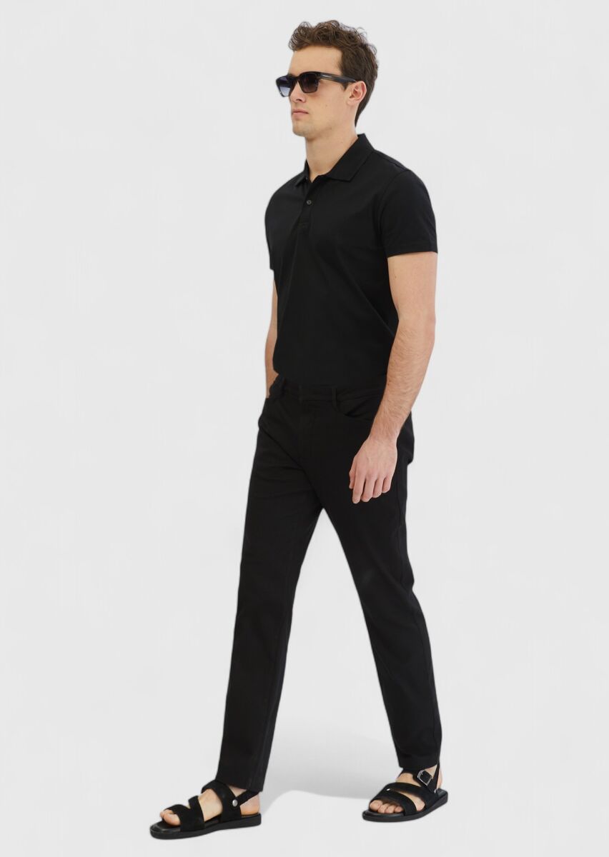 Siyah Düz Dokuma Regular Fit Casual Pamuk Karışımlı Pantolon - 2