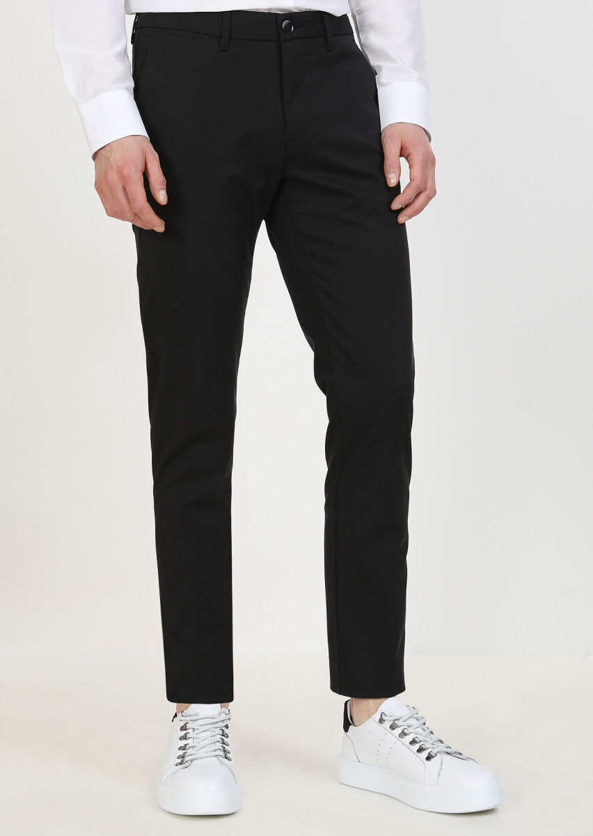 Siyah Düz Dokuma Regular Fit Casual Pantolon - 1